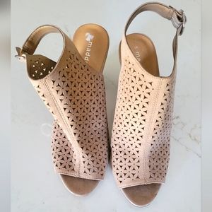 Tan faux suede laser cut sandals